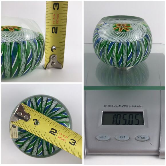 Perthshire 1981F Yellow Lampwork Flower Crown Latticinio Twist Facet Paperweight - Picture 9 of 14